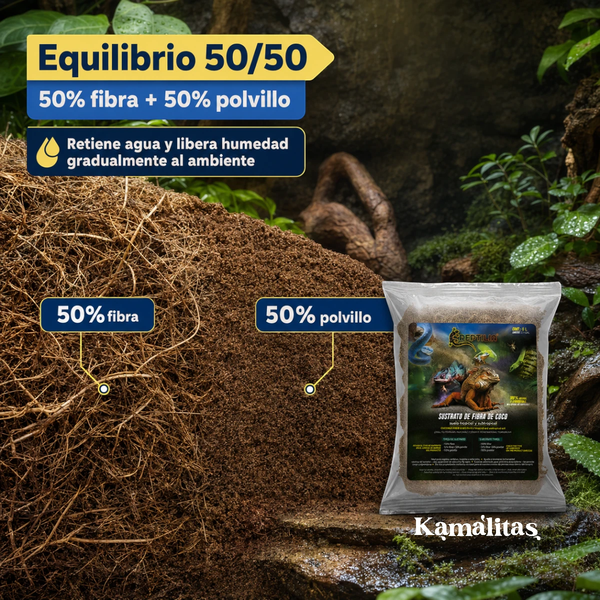 Comparación de la fibra larga y el polvillo fino que forman la mezcla equilibrada del sustrato de coco Reptilia.