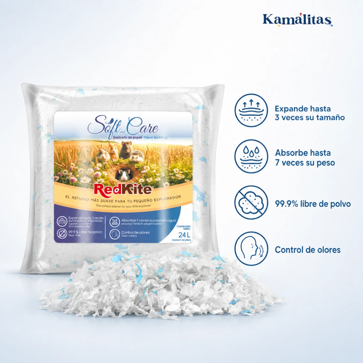 Beneficios del sustrato RedKite Soft and Care: expande hasta tres veces su tamaño, absorbe siete veces su peso, controla olores y es 99.9 por ciento libre de polvo.