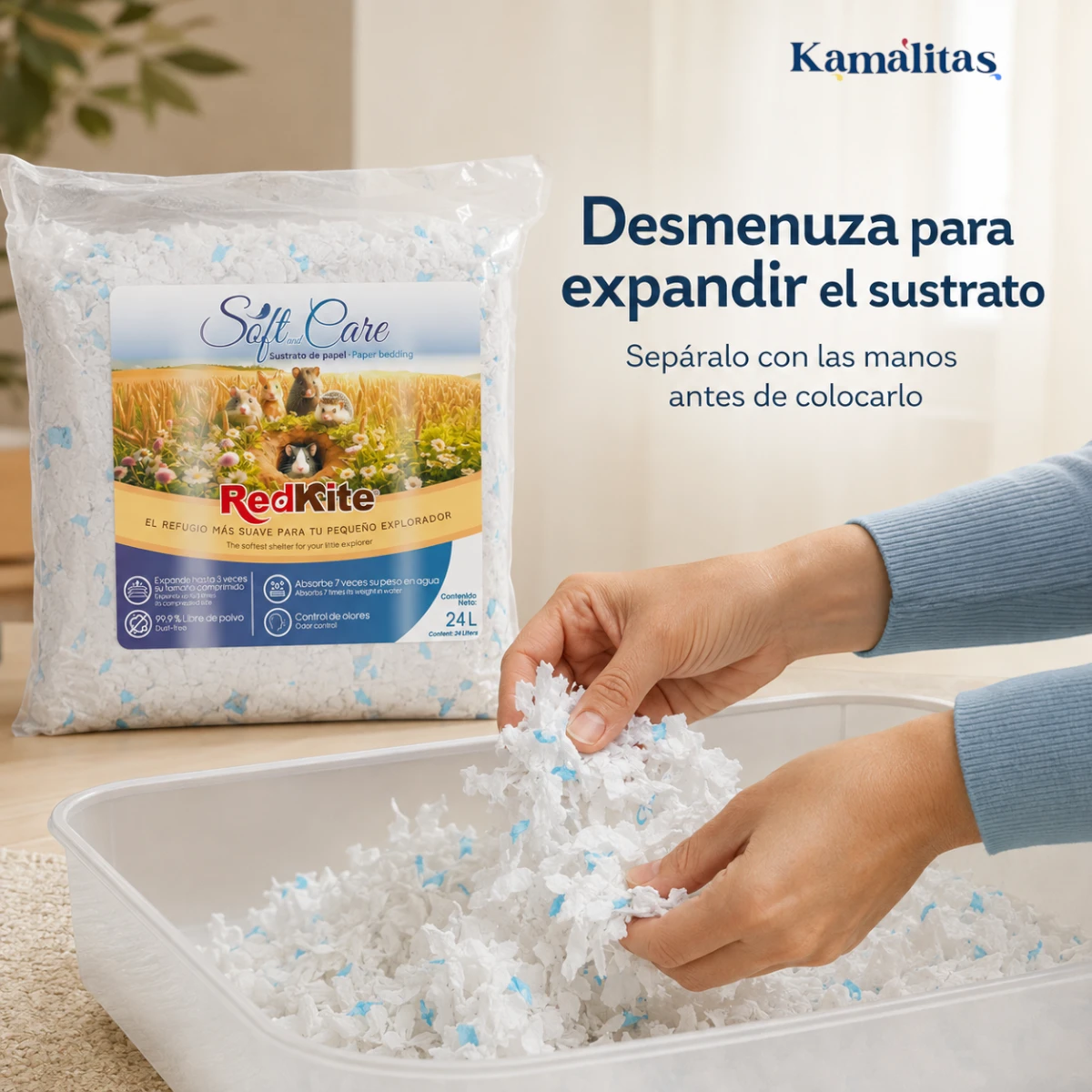 Persona desmenuzando con las manos el sustrato de papel RedKite Soft and Care antes de colocarlo en el hábitat.