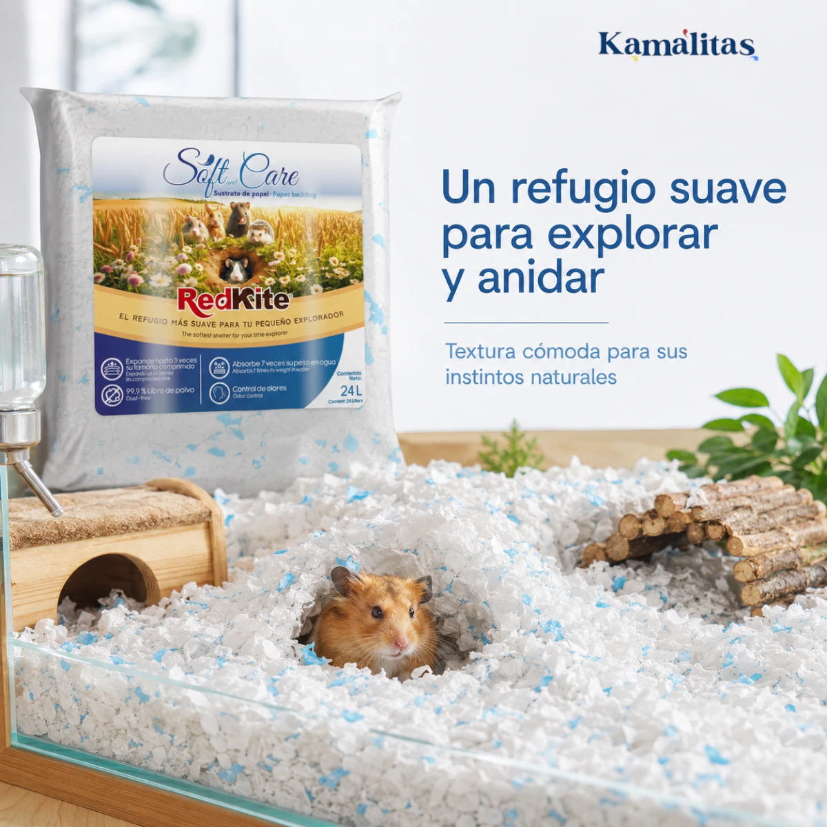 Hámster explorando y anidando en un hábitat con sustrato de papel blanco y azul RedKite Soft and Care.