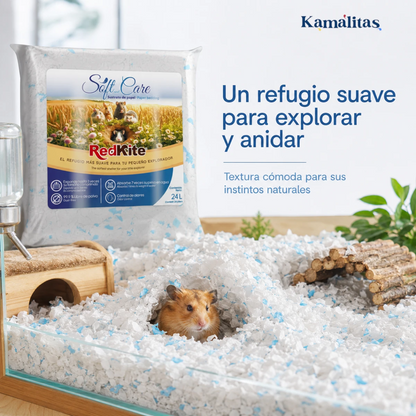 Hámster explorando y anidando en un hábitat con sustrato de papel blanco y azul RedKite Soft and Care.