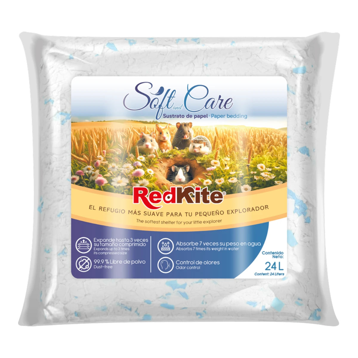 Bolsa de sustrato de papel RedKite Soft and Care de 24 litros, color blanco con azul, para pequeños mamíferos.