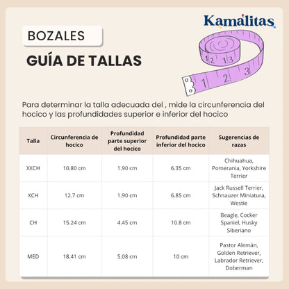 Guía de tallas de bozales Kamalitas para perros pequeños y medianos; incluye medidas en centímetros de circunferencia y profundidad del hocico para tallas XXCH, XCH, CH y MED, sugerido para Chihuahua, Schnauzer y Labrador.