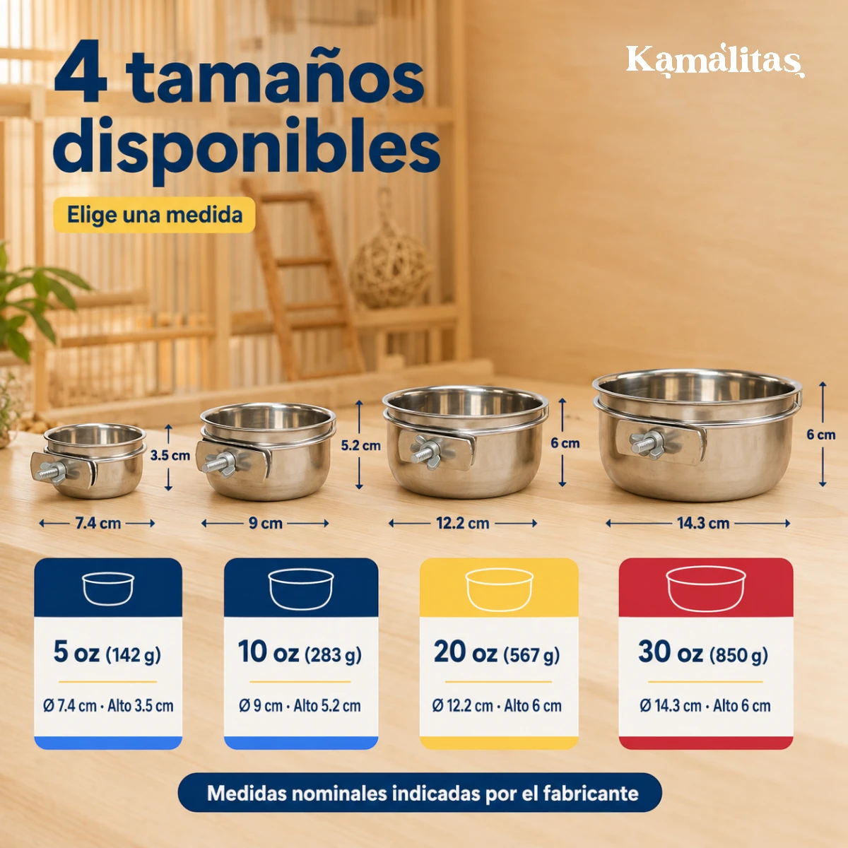 Medidas y capacidad de los tazones para aves de acero inoxidable