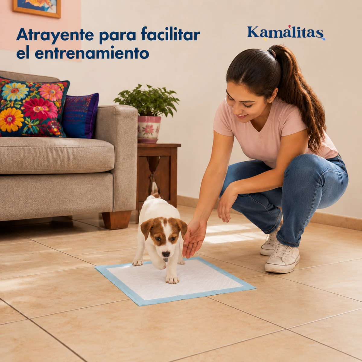 Mujer guía a un cachorro sobre un tapete entrenador SoftPad de 56 × 56 cm para facilitar su entrenamiento.
