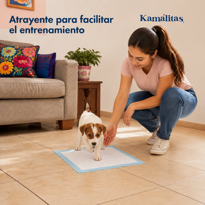 Mujer guía a un cachorro sobre un tapete entrenador SoftPad de 56 × 56 cm para facilitar su entrenamiento.