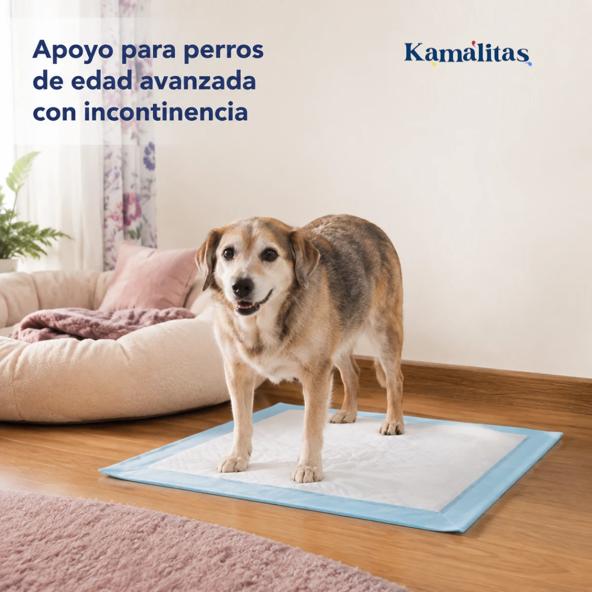 Perro de edad avanzada sobre un tapete SoftPad dentro de casa como apoyo ante problemas de incontinencia.