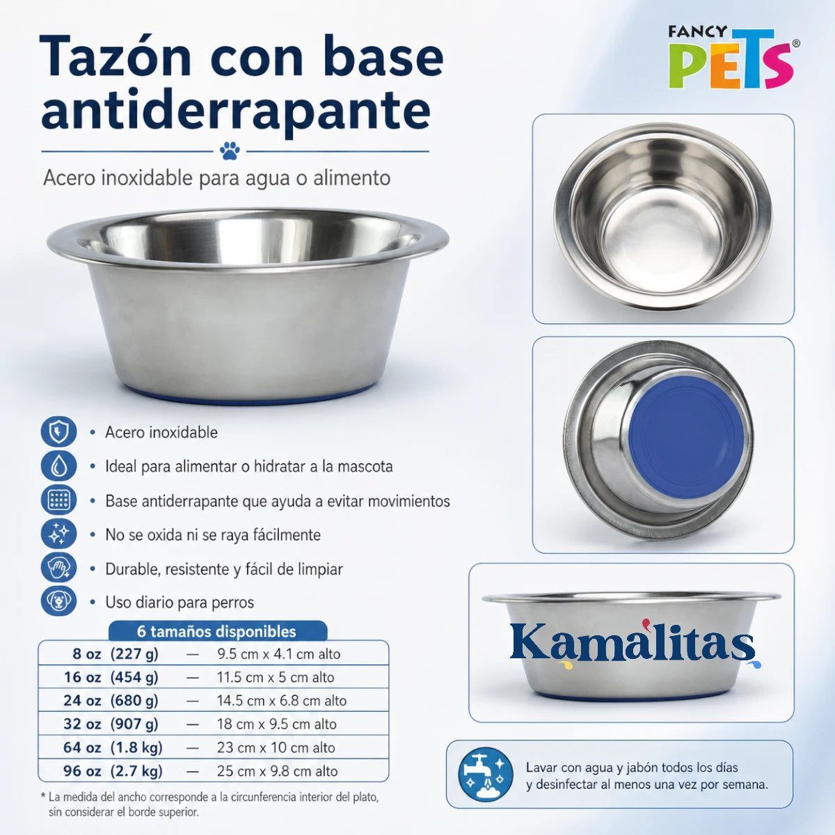 Infografía del Tazón con base antiderrapante Fancy Pets en 6 tamaños, ideal para servir agua o alimento a perros con mayor estabilidad durante el uso diario.
