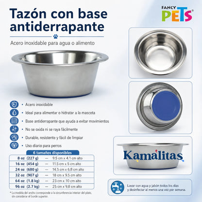 Infografía del Tazón con base antiderrapante Fancy Pets en 6 tamaños, ideal para servir agua o alimento a perros con mayor estabilidad durante el uso diario.