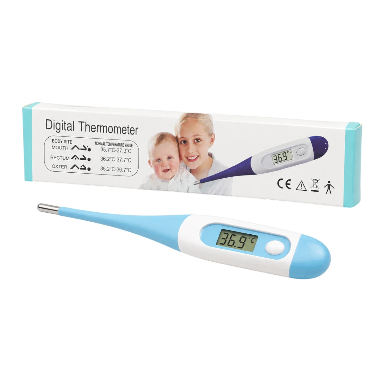 Termómetro digital de punta rígida en color blanco y azul claro junto a su caja de empaque alargada con pantalla digital que marca treinta y seis punto nueve grados Celsius, en Kamalitas.
