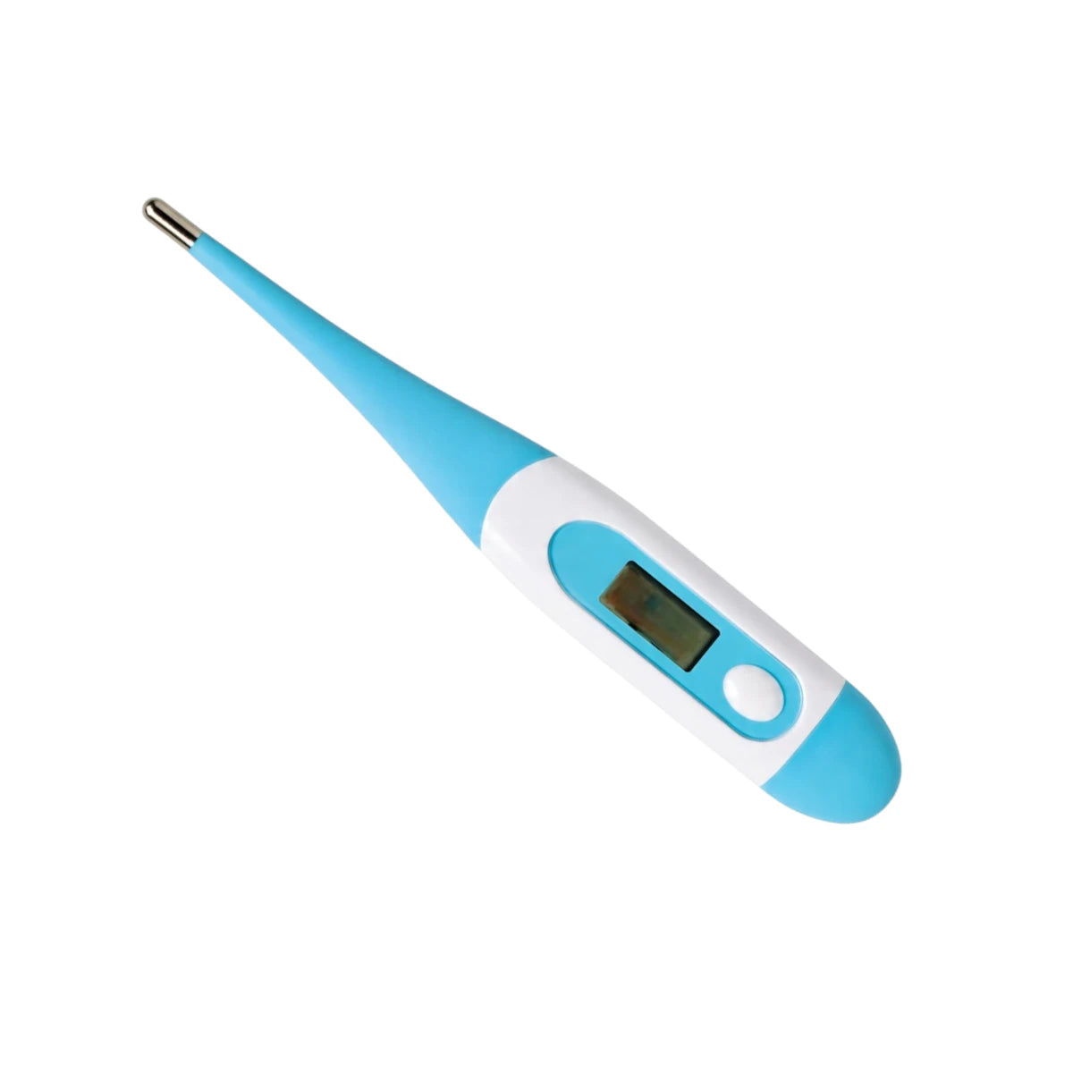 Vista detallada de primer plano del termómetro digital rígido  en azul y blanco, aislado sobre un fondo blanco puro. Muestra la punta metálica de medición, la pantalla digital LCD
