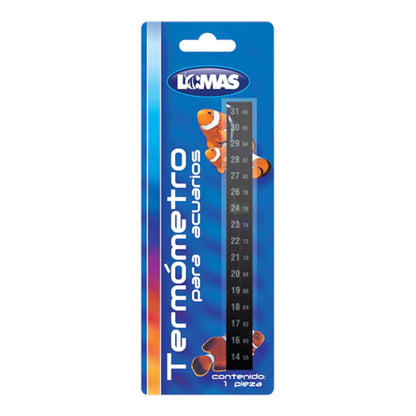 Termómetro vertical externo Lomas en su empaque blister, diseñado para adherirse al exterior de acuarios y terrarios con escala de temperatura dual.