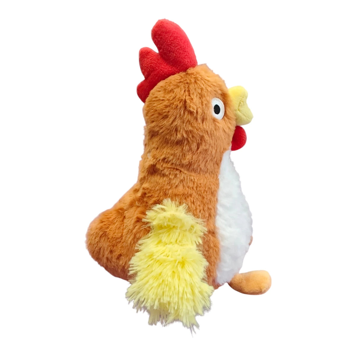 Acercamiento a la tela de poliéster de la gallina de peluche Sharpaw, resaltando su suavidad y cuerpo diseñado para el chirrido interno, en Kamalitas.