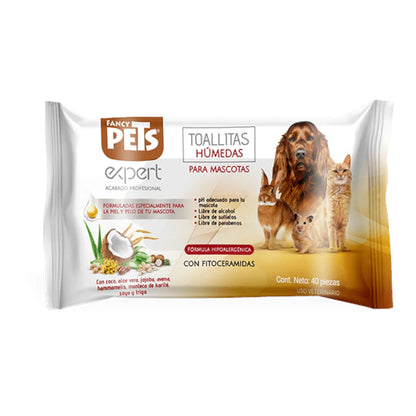 Empaque original de 40 piezas de toallitas húmedas Expert de Fancy Pets con Fitoceramidas, ideal para desinfectar y humectar de forma segura el pelaje de perros, gatos y pequeños mamíferos, en Kamalitas.