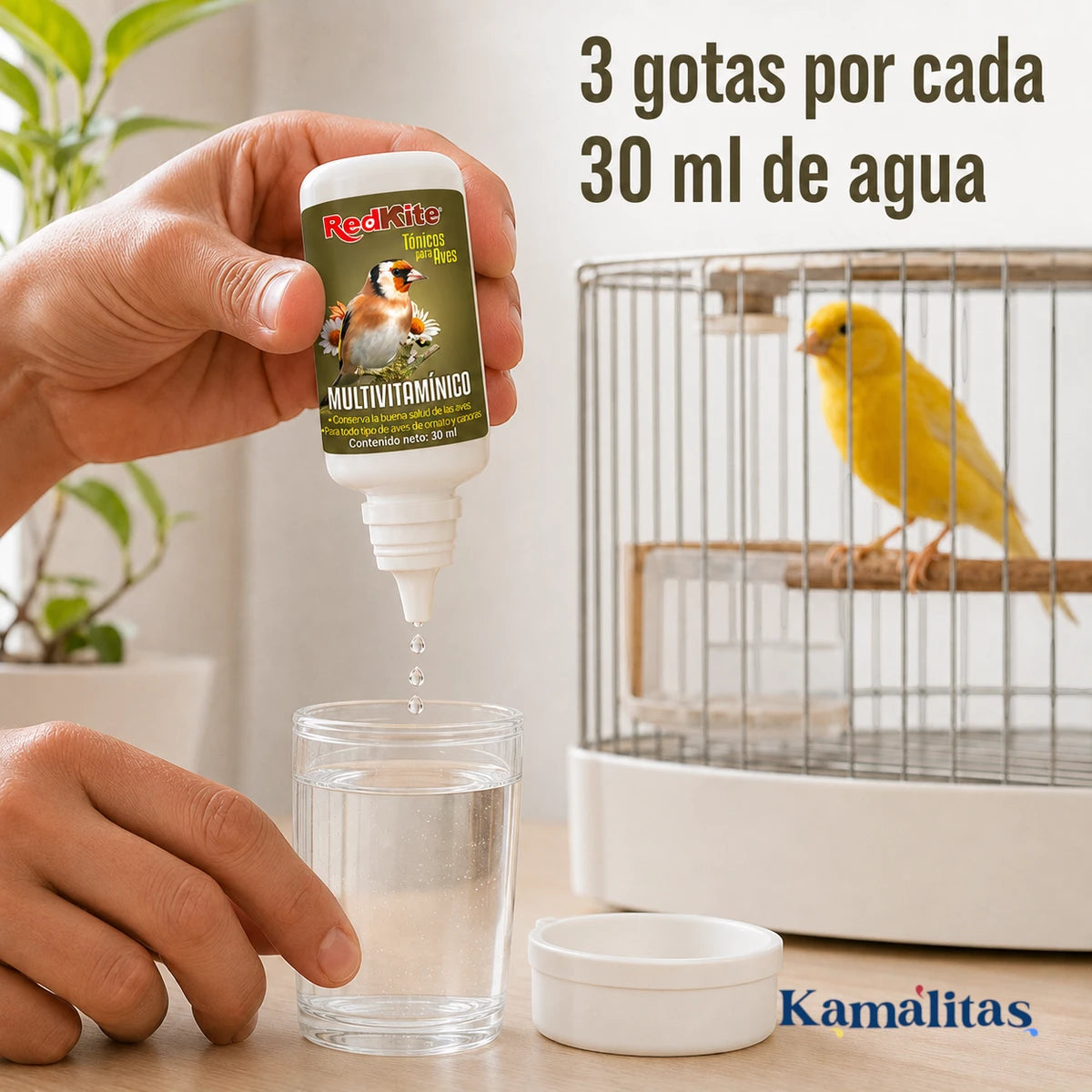 Aplicación de tres gotas de Tónico Multivitamínico RedKite por cada 30 ml de agua