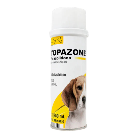 Envase de Topazone NF en aerosol de uso veterinario, solución con florfenicol para el tratamiento de heridas y queratoconjuntivitis en animales.