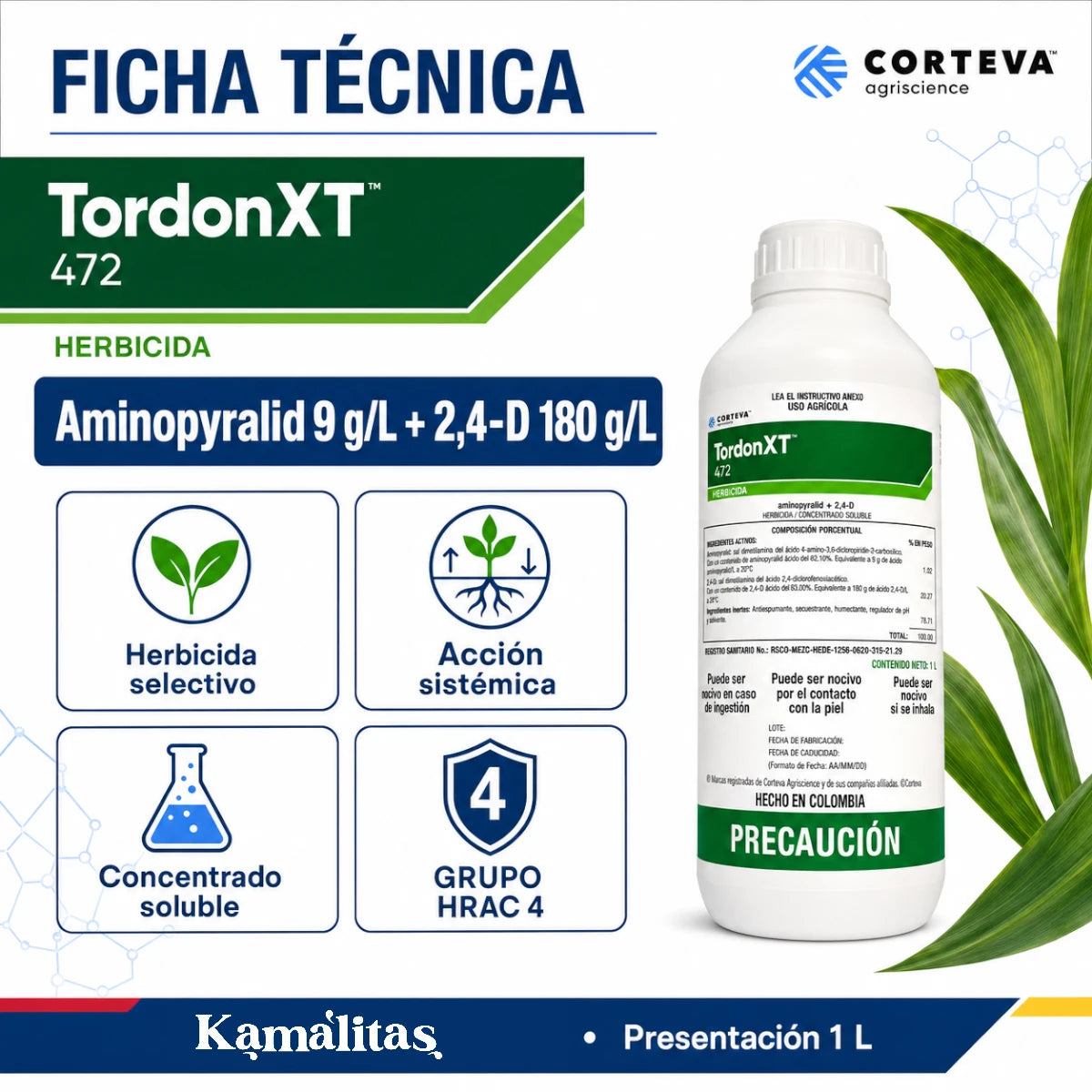 Ficha técnica de Tordon XT 472 con aminopyralid 9 gramos por litro y 2,4-D 180 gramos por litro