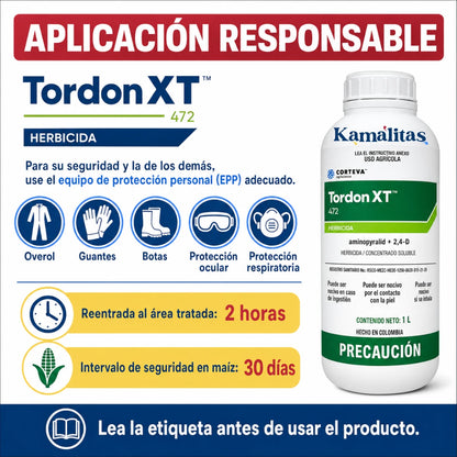 Equipo de protección para aplicar Tordon XT 472, con reentrada de 2 horas e intervalo de seguridad de 30 días en maíz