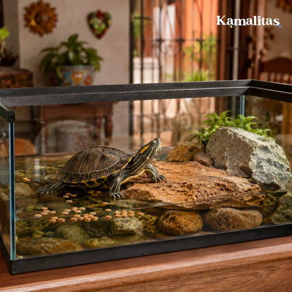 Tortuga de orejas amarillas en su zona de descanso dentro del tanque, rodeada de alimento flotante que mantiene el agua cristalina.