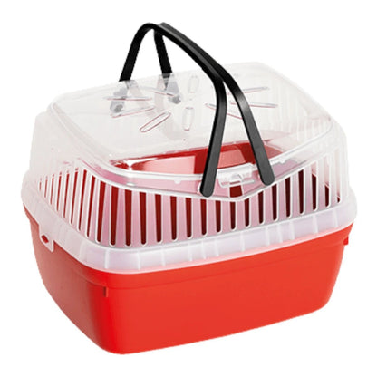 Transportadora plástica para hámster y cuyos en color rojo, con base sólida y doble asa ergonómica para transporte seguro, en Kamalitas.