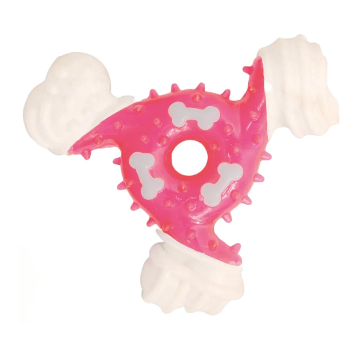 Juguete mordedor en forma de trébol marca Chewy Chums en combinaciones de color blanco con rosa y azul con rosa, fabricado en nylon y hule, en Kamalitas.