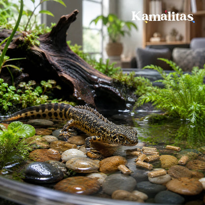 Tritón de puntos negros en un acuaterrario con piedras de río y plantas, buscando los palitos flotantes Lomas Reptile Sticks en la superficie del agua.
