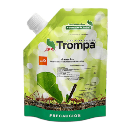 Envase del producto Trompa Cebo Hormiguicida en pellets con abamectina, ideal para eliminar hormigas cortadoras en jardines, viveros y cultivos agrícolas.