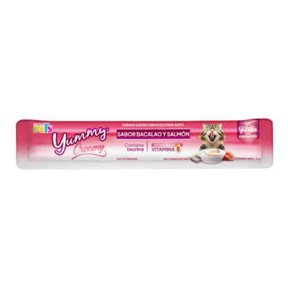 Detalle de un tubo de 14g de premio cremoso sabor bacalao y salmón, ideal para alimentar a tu gato directamente de la mano, en Kamalitas.