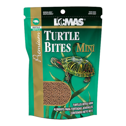 Envase de Turtle Bites Mini de 90g, alimento balanceado para tortugas juveniles y reptiles de mordida pequeña.