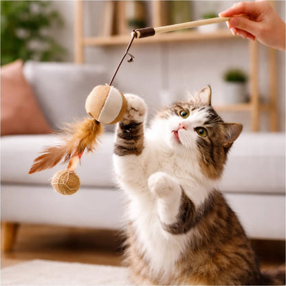Tutor interactuando con su gato usando una varita de juego con plumas para estimular saltos y actividad física.