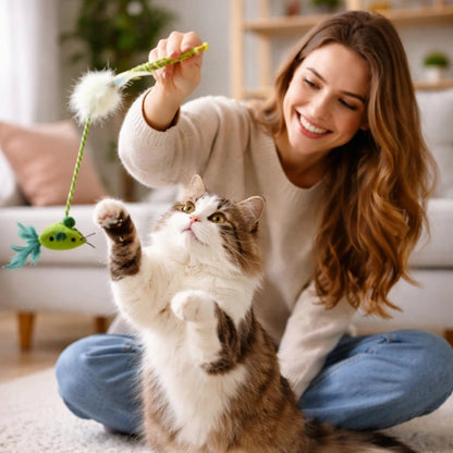 Tutor interactuando con su gato usando una varita de juego con plumas para estimular saltos y actividad física.