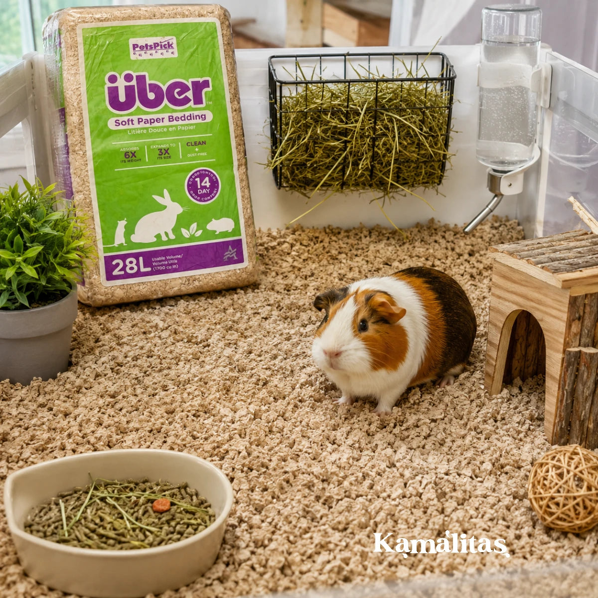 Hábitat de cobaya con Über Soft Paper Bedding color natural, lecho de papel suave y absorbente ideal para mantener limpio, cómodo y seco el espacio de tu cuyo.