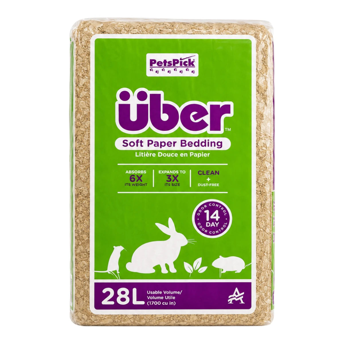 Empaque de Über Soft Paper Bedding de 28 litros en color natural, lecho de papel suave y absorbente para hámsters, cuyos, conejos y otros pequeños mamíferos.