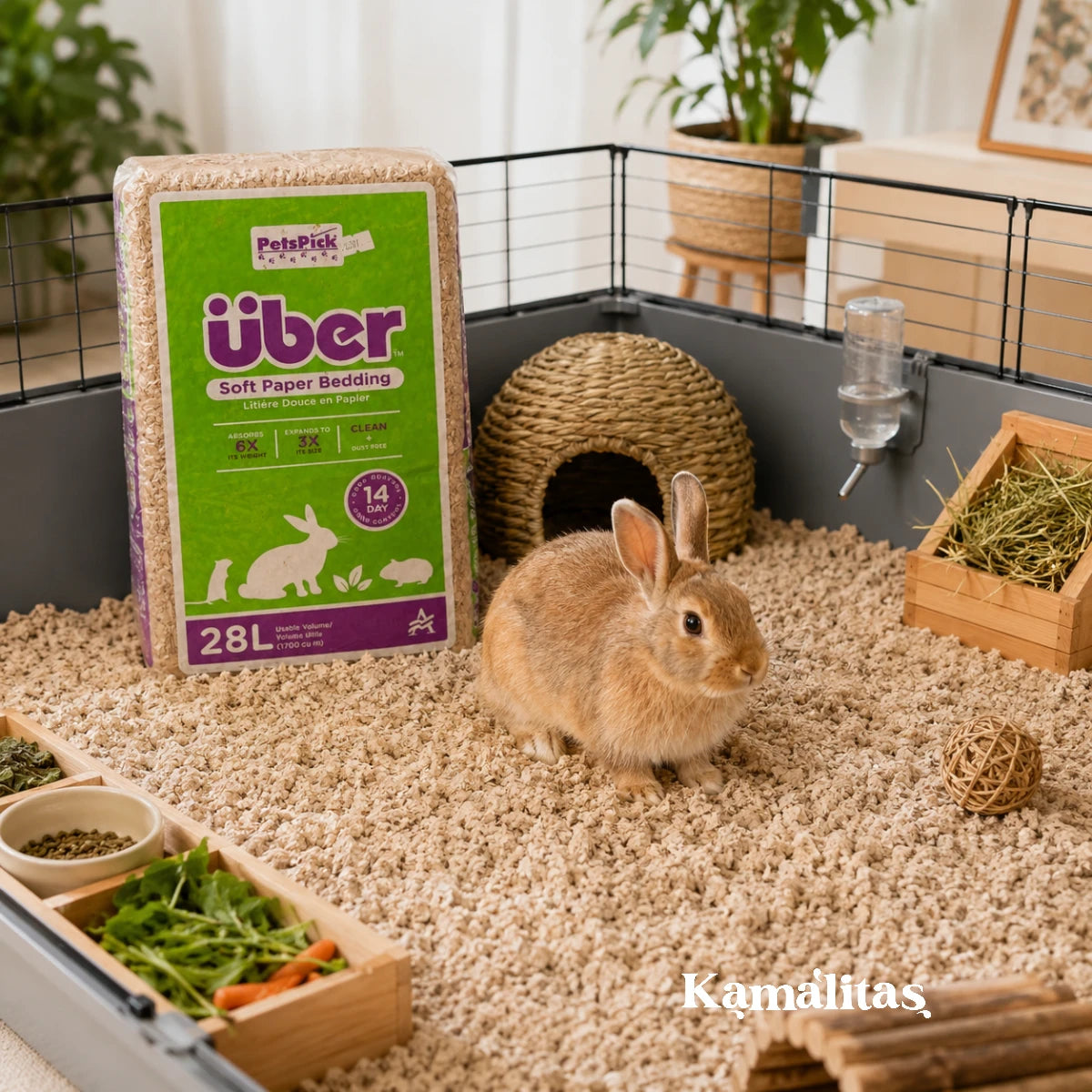 Hábitat interior de conejo con Über Soft Paper Bedding de 28 litros, lecho de papel natural que ayuda al control de olores y brinda comodidad y limpieza diaria.