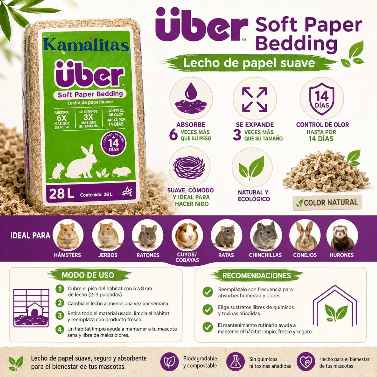 Infografía de Über Soft Paper Bedding de 28 litros en color natural, con beneficios como alta absorción, expansión, control de olor por 14 días y uso para pequeños mamíferos.