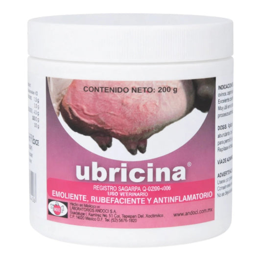 Envase de Ungüento Ubricina de 200 g, pomada analgésica para el tratamiento de mastitis, edemas y lesiones musculares en animales de granja y perros.