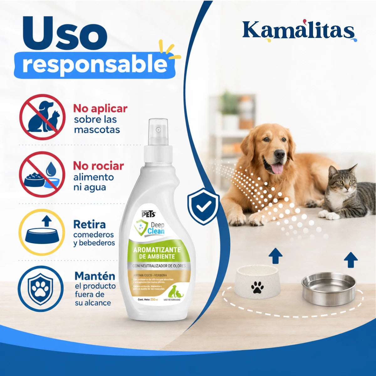 Recomendaciones de uso responsable del aromatizante Deep Clean en las áreas habituales de perros y gatos.
