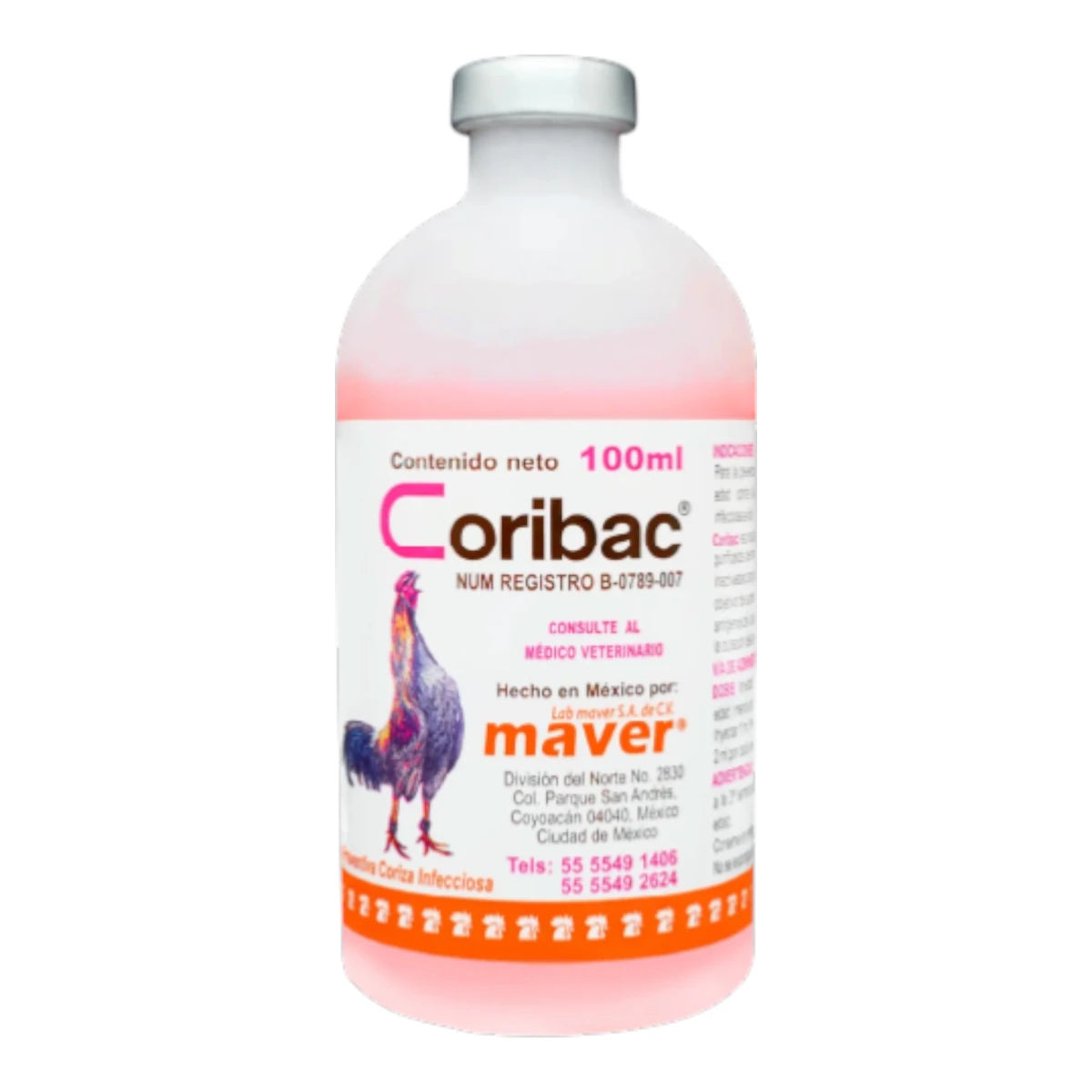 Vacuna Coribac de 100 ml con imagen de gallo, bacterina contra Avibacterium paragallinarum para la salud respiratoria de las aves.