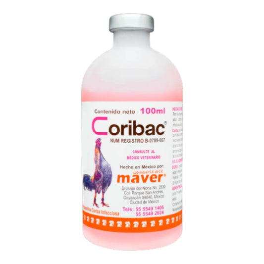 Vacuna Coribac de 100 ml con imagen de gallo, bacterina contra Avibacterium paragallinarum para la salud respiratoria de las aves.