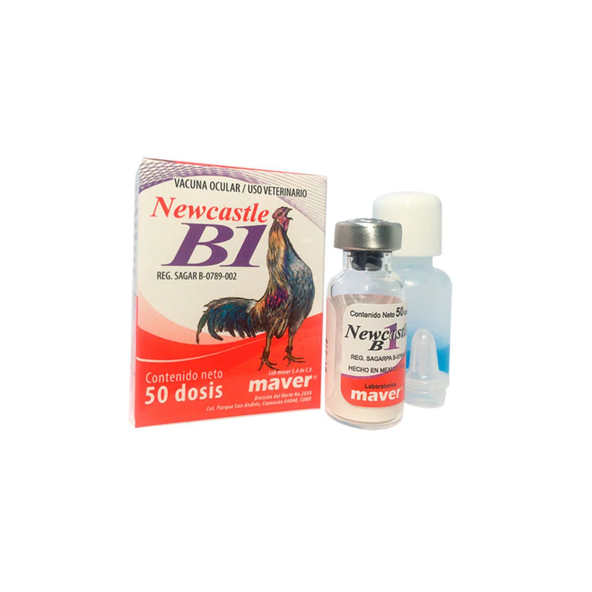 Caja de vacuna Newcastle B1 Cepa La Sota de Lab Maver, virus vivo liofilizado para la prevención de paramixovirus en aves sanas a partir de la primera semana.