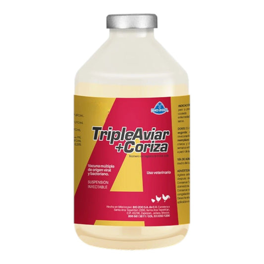 Frasco de Vacuna Triple Aviar más Coriza, biológico para la prevención de Newcastle, Cólera y Coriza infecciosa en aves domésticas.
