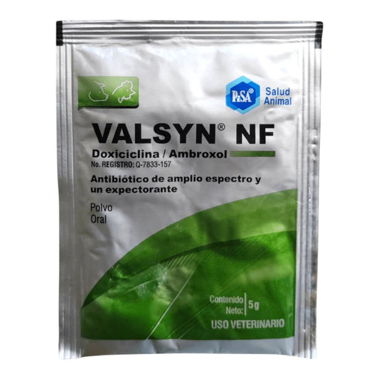 Sobre de 5g de Valsyn NF del laboratorio Pisa, combinación de antibiótico y mucolítico para tratamiento veterinario en aves de engorda y porcinos.