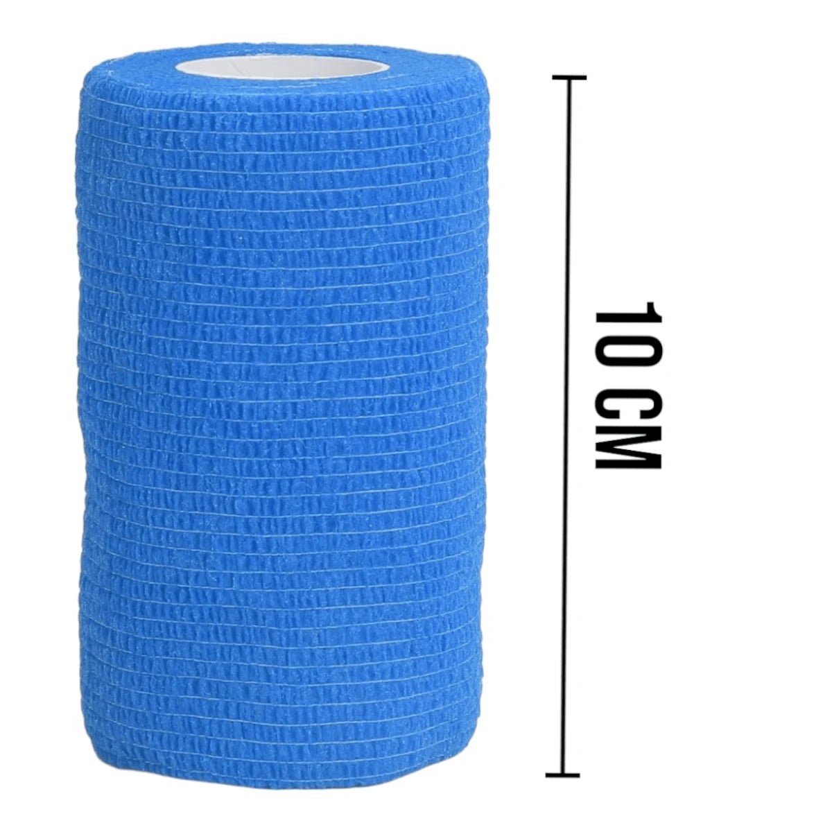 Rollo de venda autoadherente color azul de tamaño grande con indicador de medida de 10 cm de ancho para caballos y perros grandes.