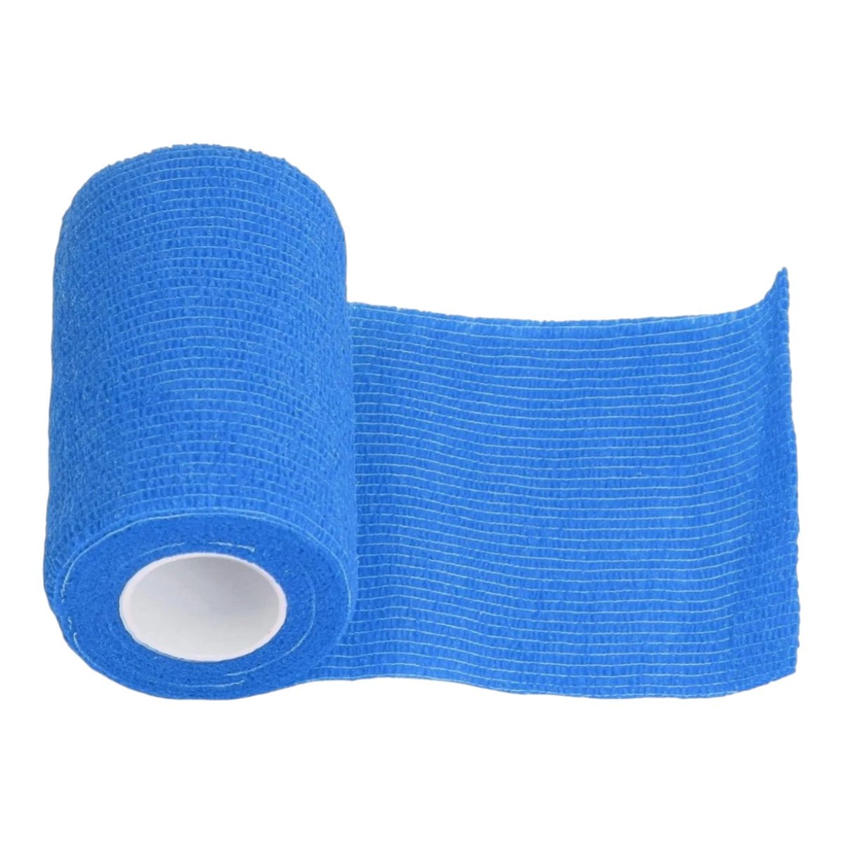 Vista cercana de la textura porosa y elástica de una venda autoadherente azul mostrando su capacidad transpirable para curación de heridas.