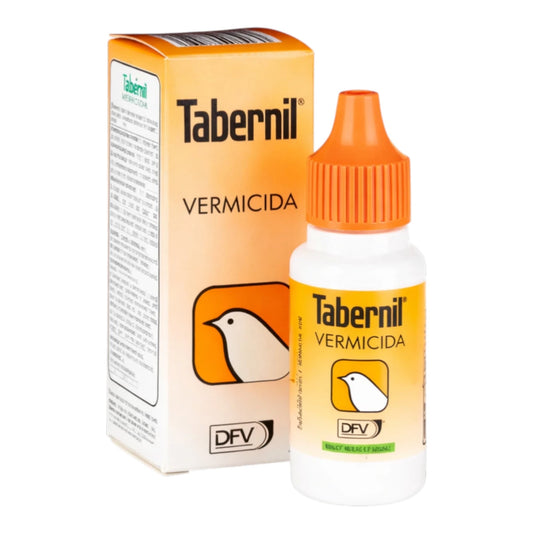 Frasco de Vermicida Tabernil de 20 ml, tratamiento antiparasitario interno con levamisol para canarios y aves de adorno.