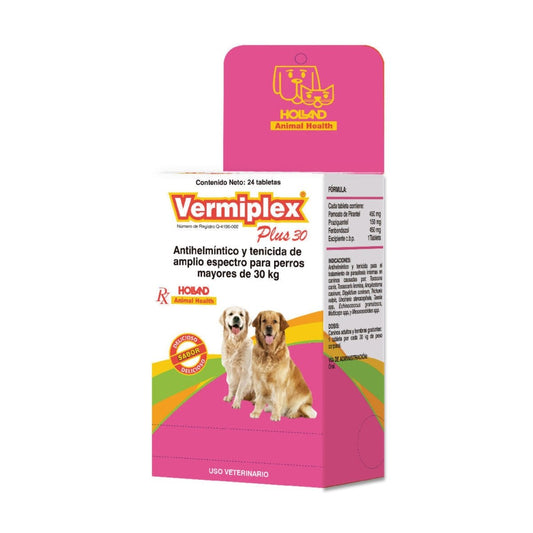 Caja de Vermiplex Plus 30 para perros, antiparasitario oral con fenbendazol, praziquantel y pirantel, 30 tabletas
