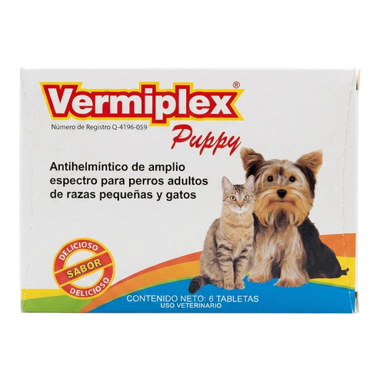 Blíster de 6 tabletas de Vermiplex Puppy Holland, desparasitante interno de amplio espectro para cachorros y gatitos de hasta 5kg.