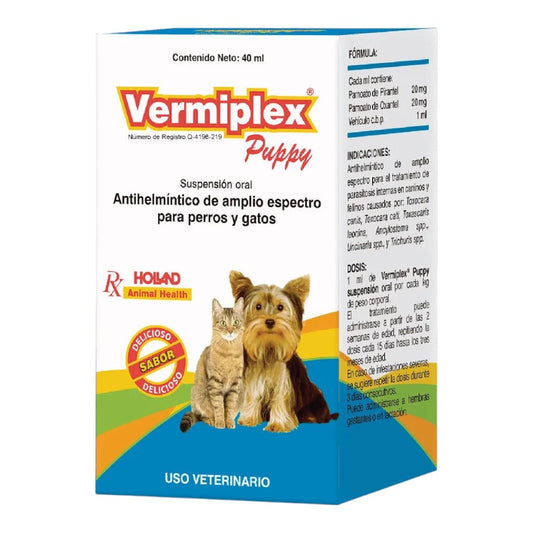 Caja  de Vermiplex Puppy Holland suspensión, desparasitante oral de amplio espectro para cachorros, gatitos y hembras gestantes.