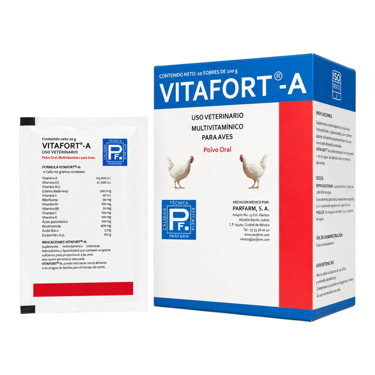 Caja colectiva de Vitafort-A de Laboratorio Parfarm con 10 sobres de 100 gramos y un sobre individual de 10 gramos, polvo multivitamínico oral para aves.