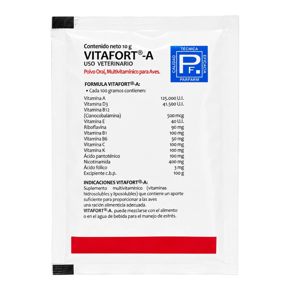 Vista detallada del sobre de 10 gramos de Vitafort-A Parfarm, suplemento nutricional y antiestrés en polvo soluble para aves con su fórmula visible.